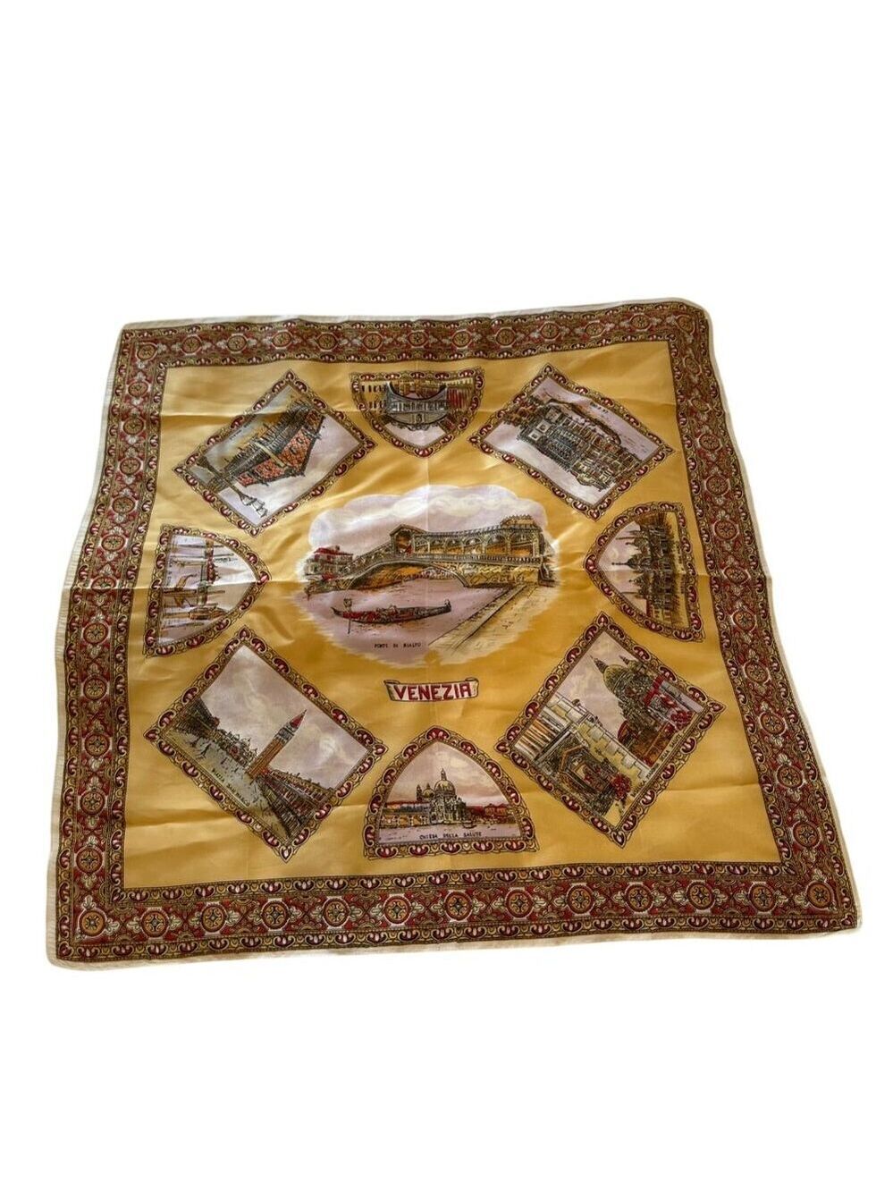 Vintage Venezia Yellow Silk Feel Scarf 26 inch Italy Landmarks Ponte Di Rialto